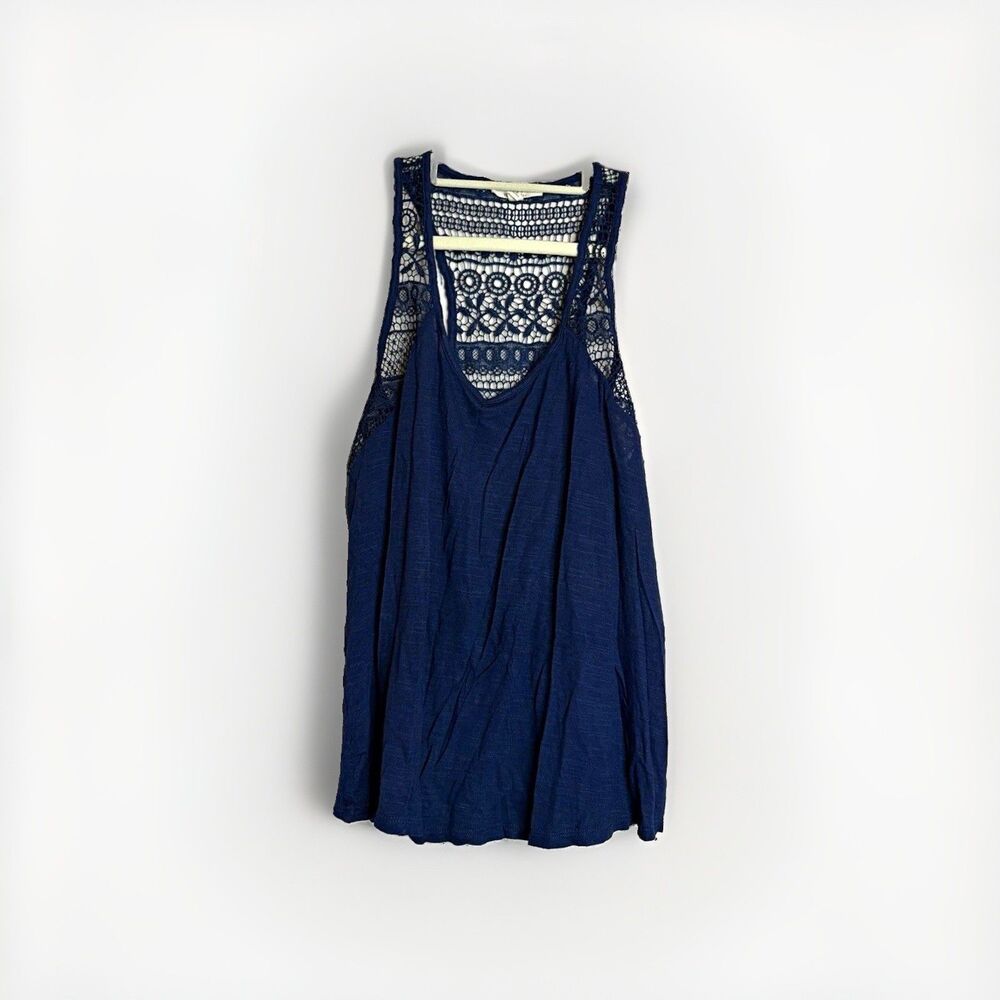 Iris Los Angeles Blue Solid V-Neck Lace Yoke Lightweight Tank Top Womens L